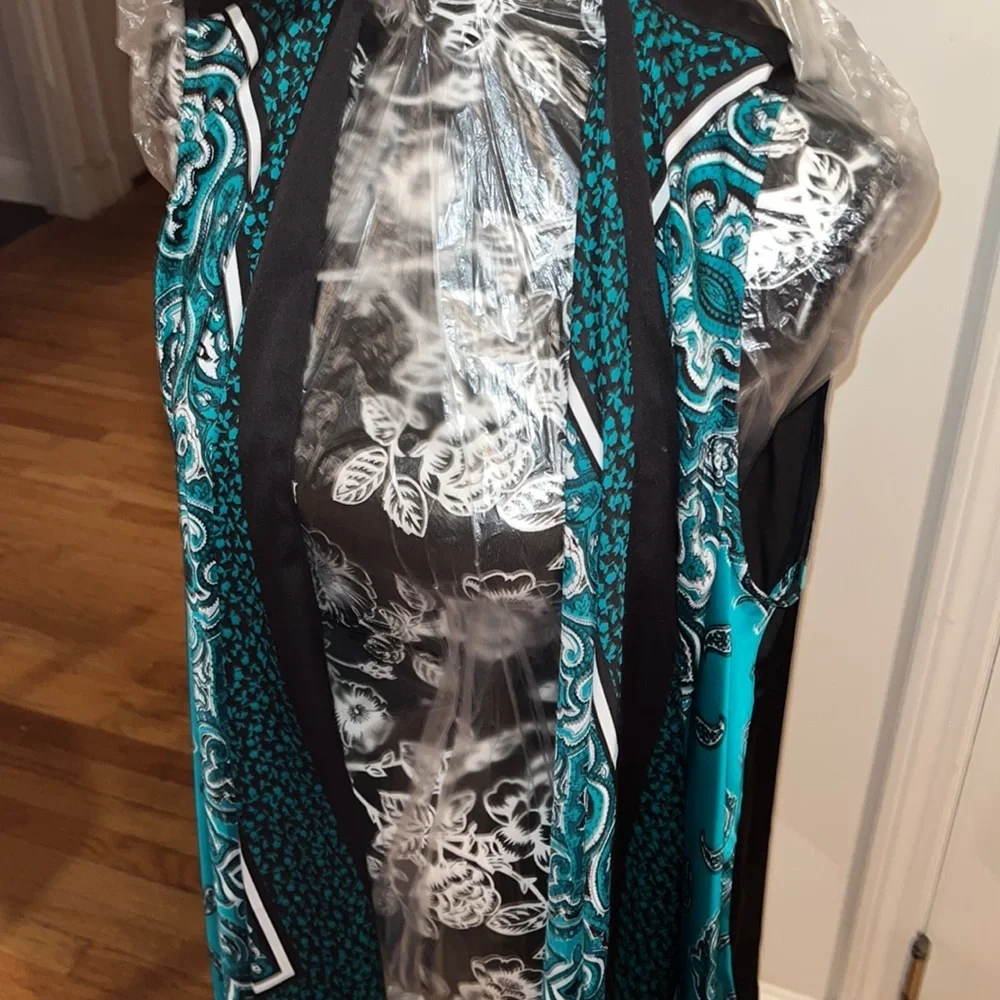 Michael Kors black & teal silk vest paisley print waterfall front size LG-XL
